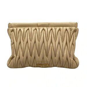 Auth miumiu Matelasse Beige Leather Clutch Bag